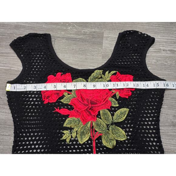 Papermoon Black Crochet w. Floral Red Rose Patched Sleeveless Tank Top Bodysuit - Picture 6 of 8